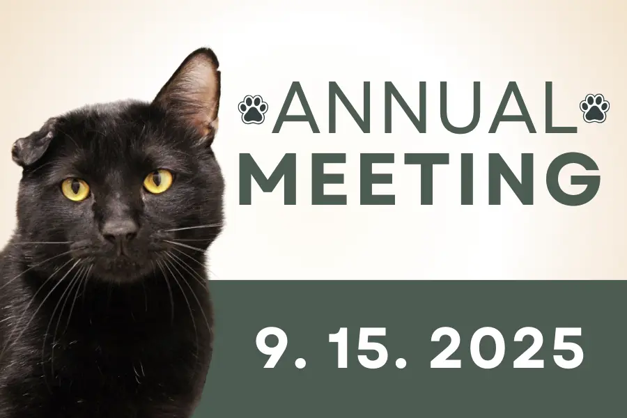 Chris, a black cat with a crumpled ear, and the text 'Annual Meeting 9/15/2025'